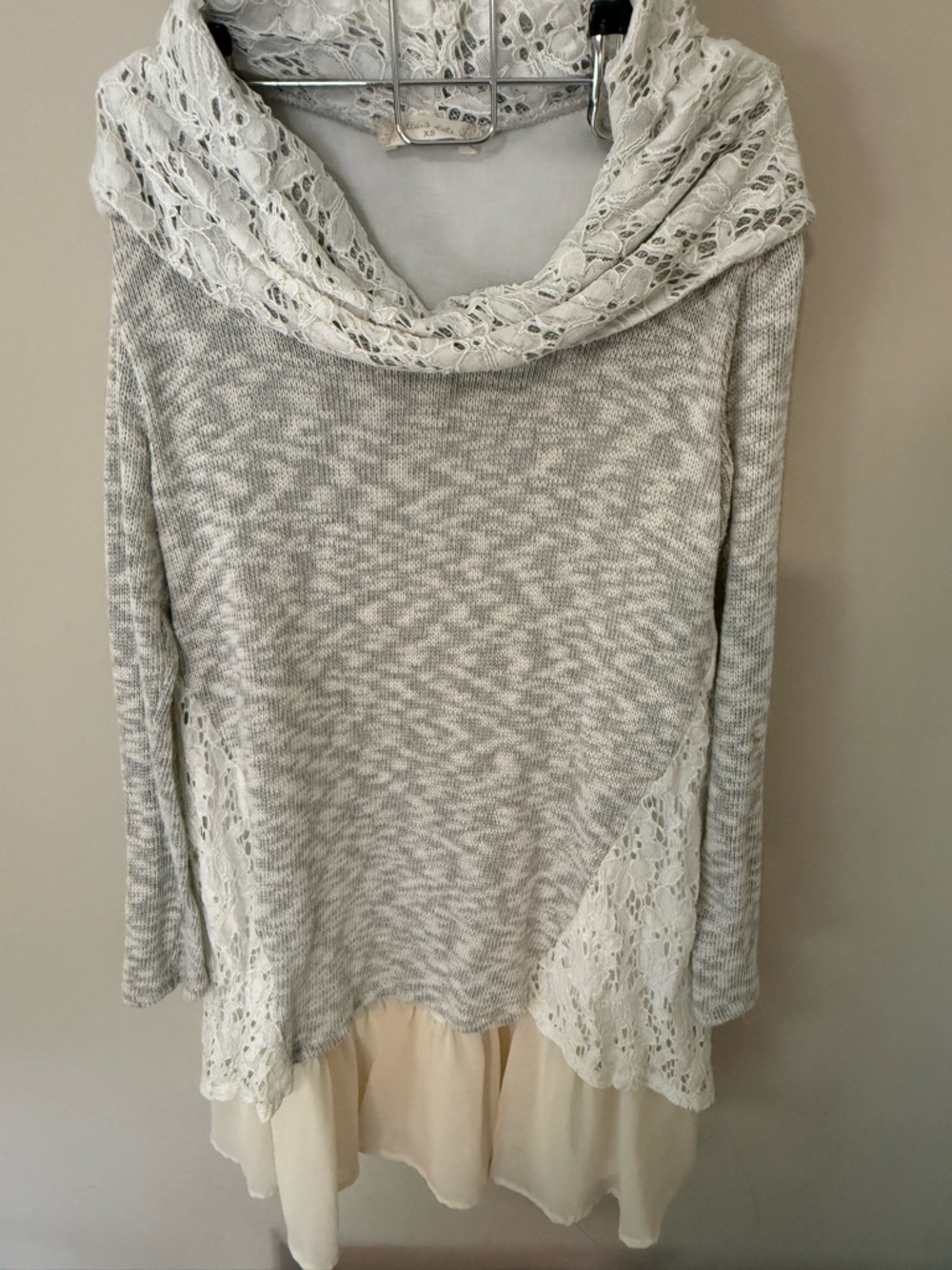 Altar'd State Light Gray Lace Cowl-Neck Sweater with Cream Hem size xs